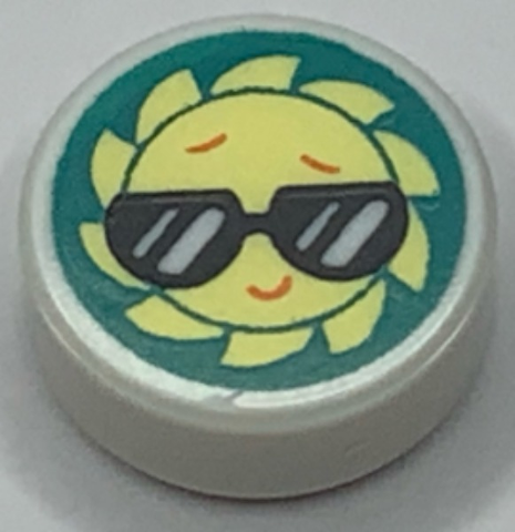 Tile, Round 1 x 1 with Emoji, Bright Light Yellow Sun with Black Sunglasses with Reflections, Eyebrows, and Smile on Dark Turquoise Background Pattern