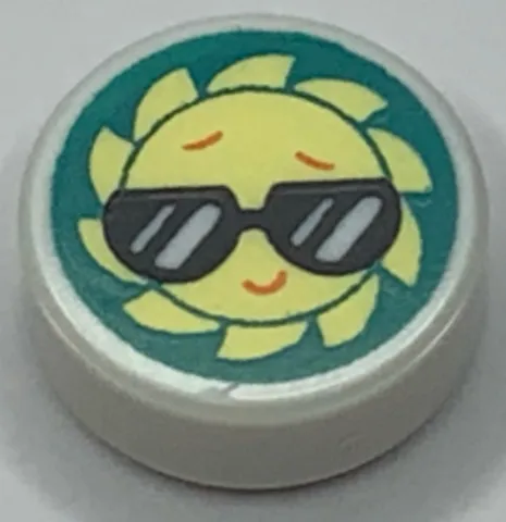 Tile, Round 1 x 1 with Emoji, Bright Light Yellow Sun with Black Sunglasses with Reflections, Eyebrows, and Smile on Dark Turquoise Background Pattern