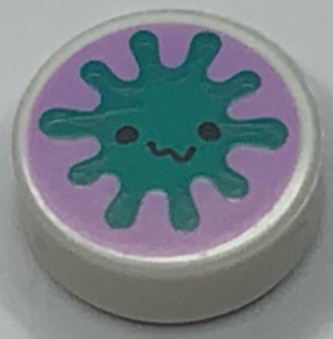 Tile, Round 1 x 1 with Dark Turquoise Bacteria / Virus with Face on Lavender Background Pattern