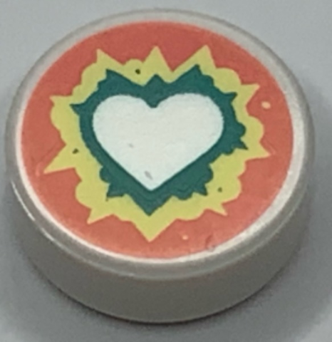 Tile, Round 1 x 1 with Heart on Dark Turquoise, Bright Light Yellow, and Coral Background Pattern