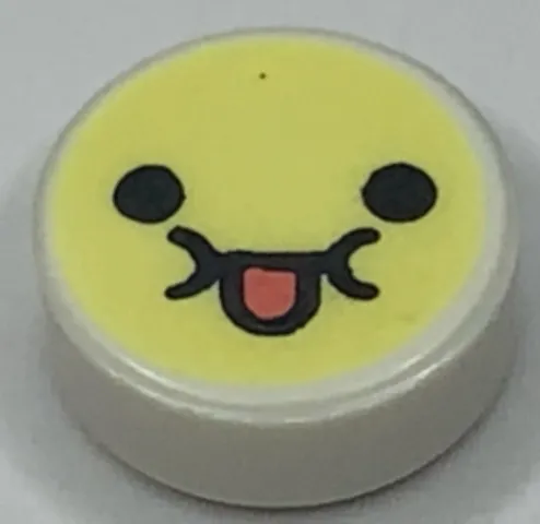 Tile, Round 1 x 1 with Emoji, Bright Light Yellow Face, Black Eyes, and Coral Tongue Sticking Out Pattern