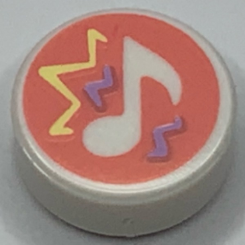 Tile, Round 1 x 1 with Music Note and Bright Light Yellow and Lavender Zigzag Lines on Coral Background Pattern