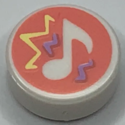 Tile, Round 1 x 1 with Music Note and Bright Light Yellow and Lavender Zigzag Lines on Coral Background Pattern
