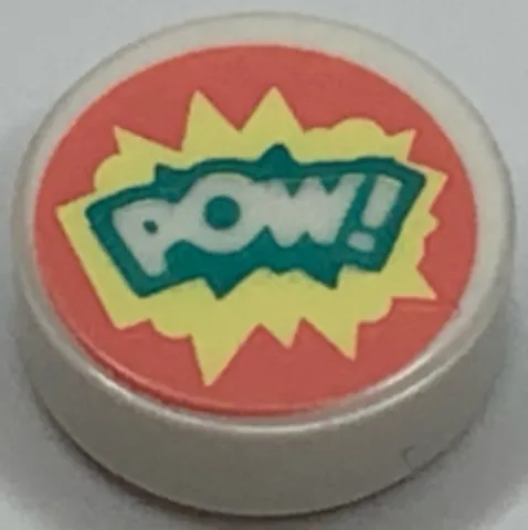 Tile, Round 1 x 1 with 'POW!' on Dark Turquoise, Bright Light Yellow, and Coral Background Pattern