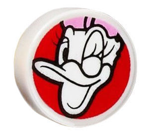 Tile, Round 1 x 1 with Daisy Duck Head Winking with Bright Pink Bow on Red Background Pattern