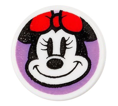 Tile, Round 1 x 1 with Minnie Mouse Head Smiling with Red Bow on Medium Lavender Background Pattern