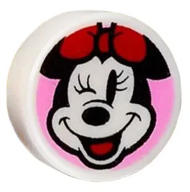 Tile, Round 1 x 1 with Minnie Mouse Head Winking with Red Bow on Bright Pink Background Pattern