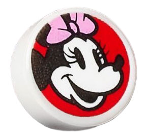Tile, Round 1 x 1 with Minnie Mouse Head Profile with Bright Pink Bow on Red Background Pattern
