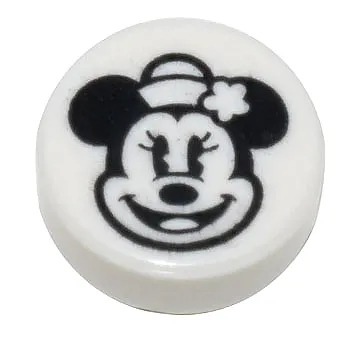 Tile, Round 1 x 1 with Black Minnie Mouse Head with Hat and Flower Pattern