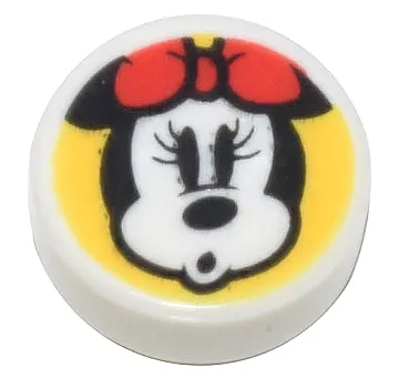 Tile, Round 1 x 1 with Minnie Mouse Head Surprised with Red Bow on Yellow Background Pattern