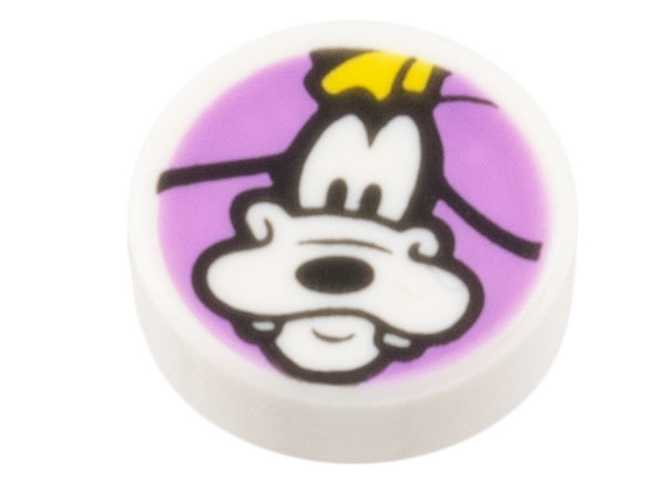 Tile, Round 1 x 1 with Goofy Head with Yellow Hat on Medium Lavender Background Pattern
