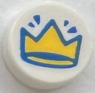 Tile, Round 1 x 1 with Yellow Crown with Blue Outline Pattern