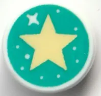 Tile, Round 1 x 1 with Sparkle, Spots, and Bright Light Yellow Star on Dark Turquoise Background Pattern