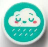 Tile, Round 1 x 1 with Rain Cloud with Face, Closed Eyes, and Coral Cheeks on Dark Turquoise Background Pattern