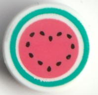 Tile, Round 1 x 1 with Coral Watermelon with Dark Turquoise Circle Rind and Black Seeds in Heart Shape Pattern