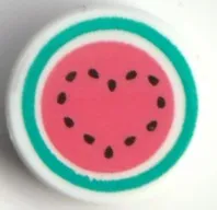 Tile, Round 1 x 1 with Coral Watermelon with Dark Turquoise Circle Rind and Black Seeds in Heart Shape Pattern