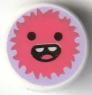 Tile, Round 1 x 1 with Coral Furry Monster Head with Open Mouth Smile with 2 Top Teeth and Tongue on Lavender Background Pattern