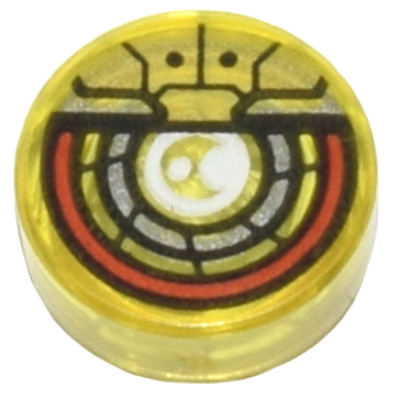 Tile, Round 1 x 1 with White, Silver, Red, and Gold Robotic Eye, Red Outside Circle Pattern