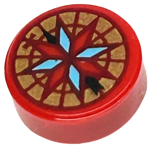 Tile, Round 1 x 1 with Black Arrow and Dark Red and Medium Azure Compass Rose on Gold Background Pattern