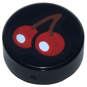 Tile, Round 1 x 1 with Red Cherries with White Reflections (Circles) and Reddish Brown Stem Pattern