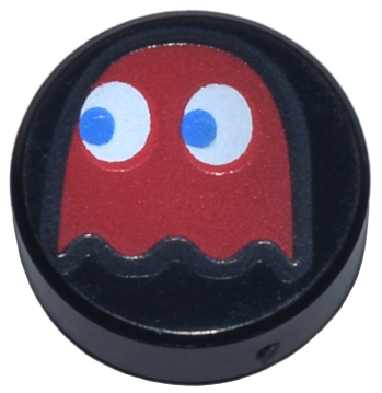 Tile, Round 1 x 1 with Red PAC-MAN Ghost with Blue Eyes Pattern (Blinky)