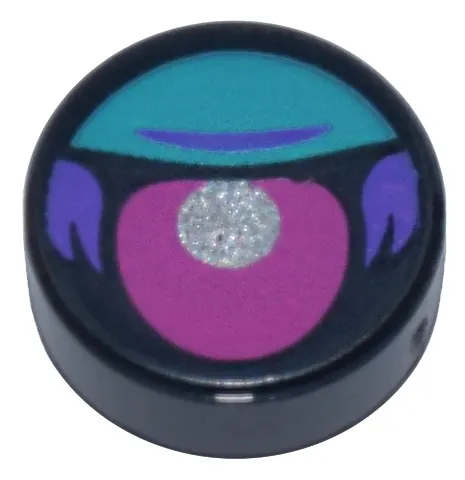 Tile, Round 1 x 1 with Magenta Eye with Silver Pupil, Dark Turquoise Eyelid, and Dark Purple Fur Pattern