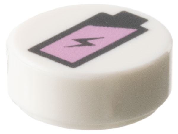 Tile, Round 1 x 1 with Black and Metallic Pink Rechargeable Battery Symbol with Lightning Bolt Pattern