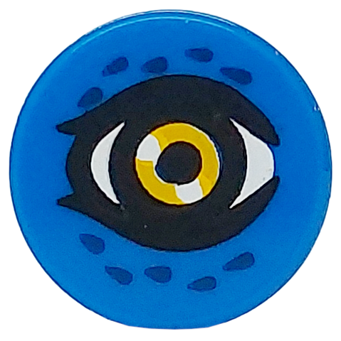 Tile, Round 1 x 1 with Bright Light Orange and White Eye with Black Pupil and Dark Blue Feathers Pattern