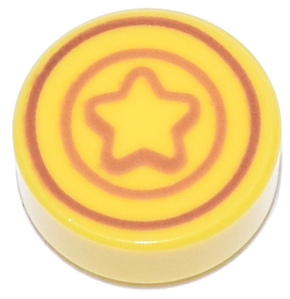 Tile, Round 1 x 1 with Reddish Brown and Dark Orange Star and Concentric Circles Pattern (Animal Crossing Bell)