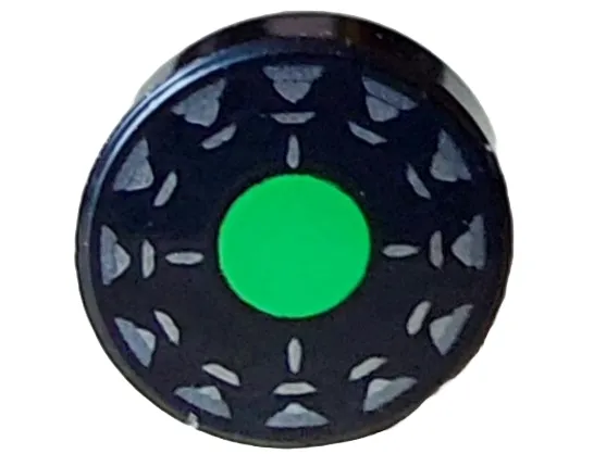 Tile, Round 1 x 1 with Bright Green Circle, Silver Stripes and Dark Silver Triangles Pattern