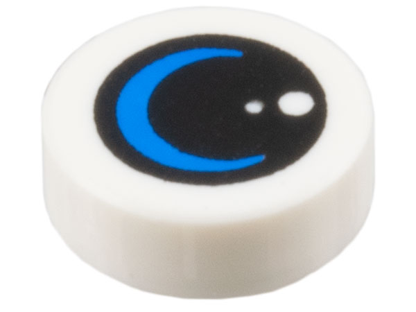 Tile, Round 1 x 1 with Black Lens / Circle with Dots and Blue Crescent Moon Pattern
