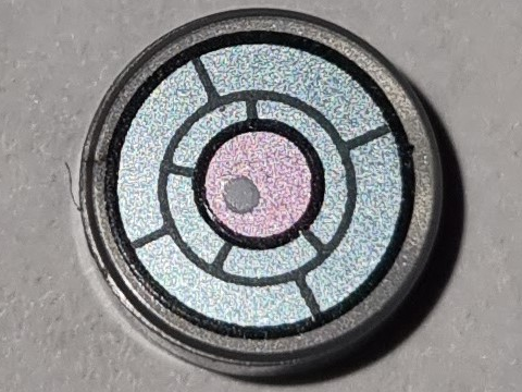 Tile, Round 1 x 1 with Black, Dark Bluish Gray and Metallic Light Blue X-Ray Goggles with Metallic Pink Eye and White Glint Pattern