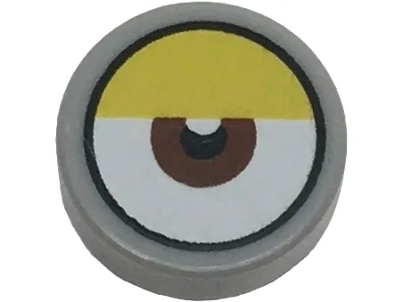 Tile, Round 1 x 1 with White Eye with Centered Reddish Brown Iris and Partially Closed Yellow Eyelid Pattern