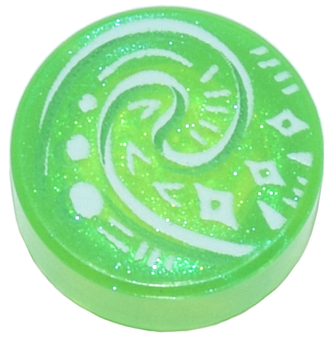 Tile, Round 1 x 1 with White and Bright Green Koru Spiral Symbol, Diamonds and Lines Pattern (Moana Heart of Te Fiti)