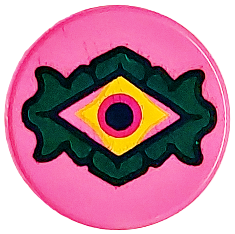 Tile, Round 1 x 1 with Black, Yellow and Dark Green Diamond Shaped Demon Eye Pattern