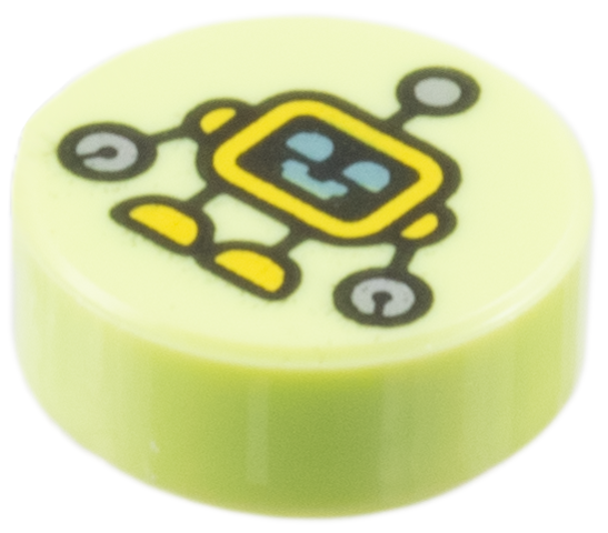 Tile, Round 1 x 1 with Yellow Robot with Metallic Light Blue Eyes and Mouth, Silver Hands Pattern