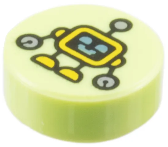Tile, Round 1 x 1 with Yellow Robot with Metallic Light Blue Eyes and Mouth, Silver Hands Pattern