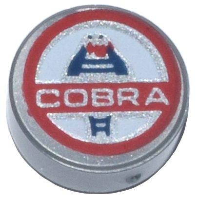 Tile, Round 1 x 1 with Silver 'COBRA' and Red, White and Dark Blue Shelby Cobra Logo Pattern