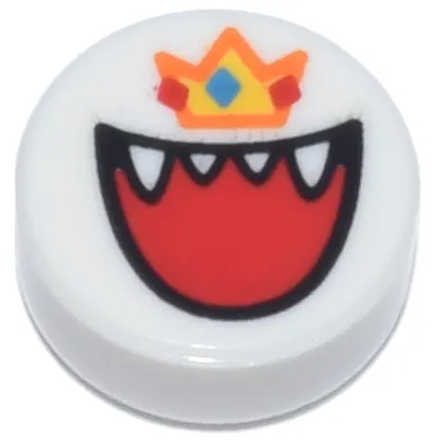 Tile, Round 1 x 1 with Open Mouth with Teeth and Tongue, Orange and Yellow Crown with Red and Blue Diamonds Pattern (Super Mario King Boo)