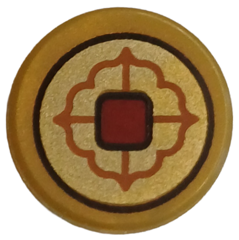 Tile, Round 1 x 1 with Black and Dark Red Square and Dark Orange Border on Gold Background Pattern (Chinese Lucky Coin)