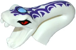 Minifigure, Head, Modified Snake Long Neck with Open Mouth with Red Eyes, Bright Light Blue Gem and Dark Purple Tribal Symbol Tattoos Pattern