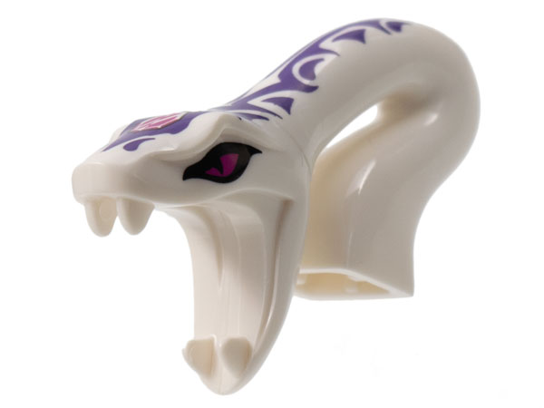 Minifigure, Head, Modified Snake Long Neck with Open Mouth with Magenta Eyes and Gem and Dark Purple Tribal Symbol Tattoos Pattern
