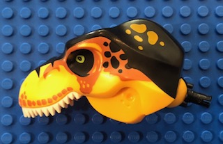 Dinosaur Head Tyrannosaurus rex with Black Top and Black Pin with White Teeth, Dark Orange Sides and Black and Bright Light Orange Spots Pattern