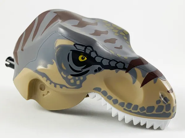 Dinosaur Head Tyrannosaurus rex with Dark Bluish Gray Top and Black Pin with White Teeth and Dark Brown Stripes Pattern
