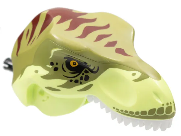 Dinosaur Head Tyrannosaurus rex with Olive Green Top and Black Pin with White Teeth and Dark Red Stripes Pattern