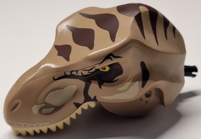 Dinosaur Head Tyrannosaurus rex with Dark Tan Top and Black Pin with Tan Teeth and Spots and Dark Brown Stripes Pattern