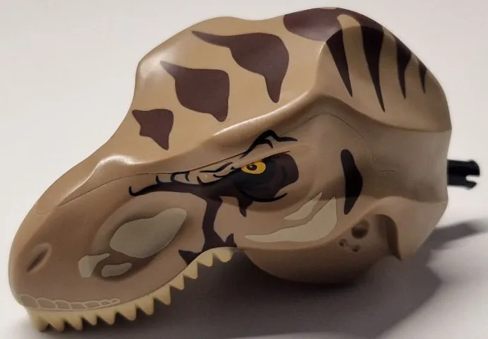 Dinosaur Head Tyrannosaurus rex with Dark Tan Top and Black Pin with Tan Teeth and Spots and Dark Brown Stripes Pattern