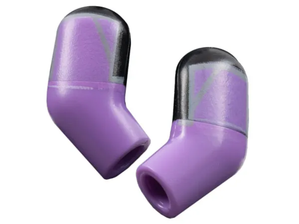 Arm, (Matching Left and Right) Pair with Molded Black Short Sleeves and Printed Medium Lavender Shoulder Patches with Light Bluish Gray Lines Pattern