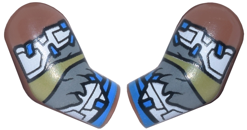 Arm, (Matching Left and Right) Pair with White Armor Plates, Dark Bluish Gray Fur Trim, Olive Green and Blue Wrappings Pattern