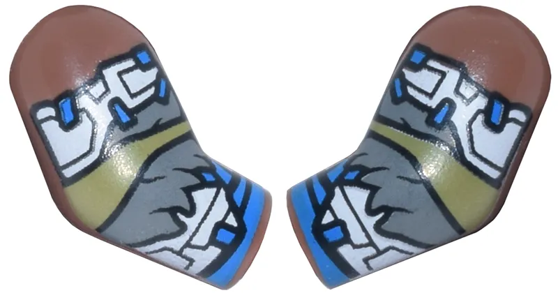 Arm, (Matching Left and Right) Pair with White Armor Plates, Dark Bluish Gray Fur Trim, Olive Green and Blue Wrappings Pattern